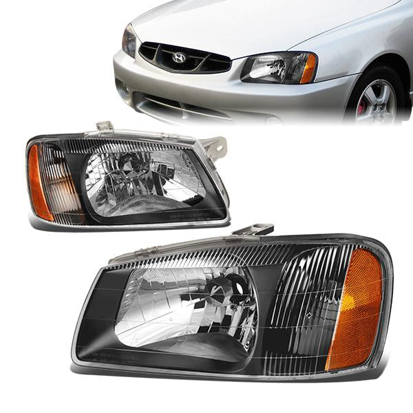 DNA Motoring, 00-02 Hyundai Accent Headlights - Black Housing Amber Corner