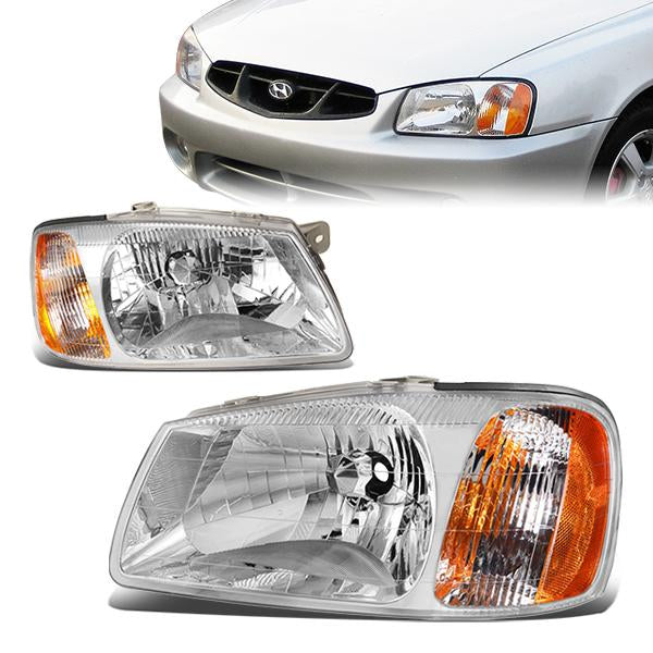 DNA Motoring, 00-02 Hyundai Accent Headlights - Chrome Housing Amber Corner