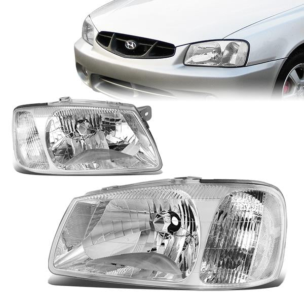 DNA Motoring, 00-02 Hyundai Accent Headlights - Chrome Housing Clear Corner