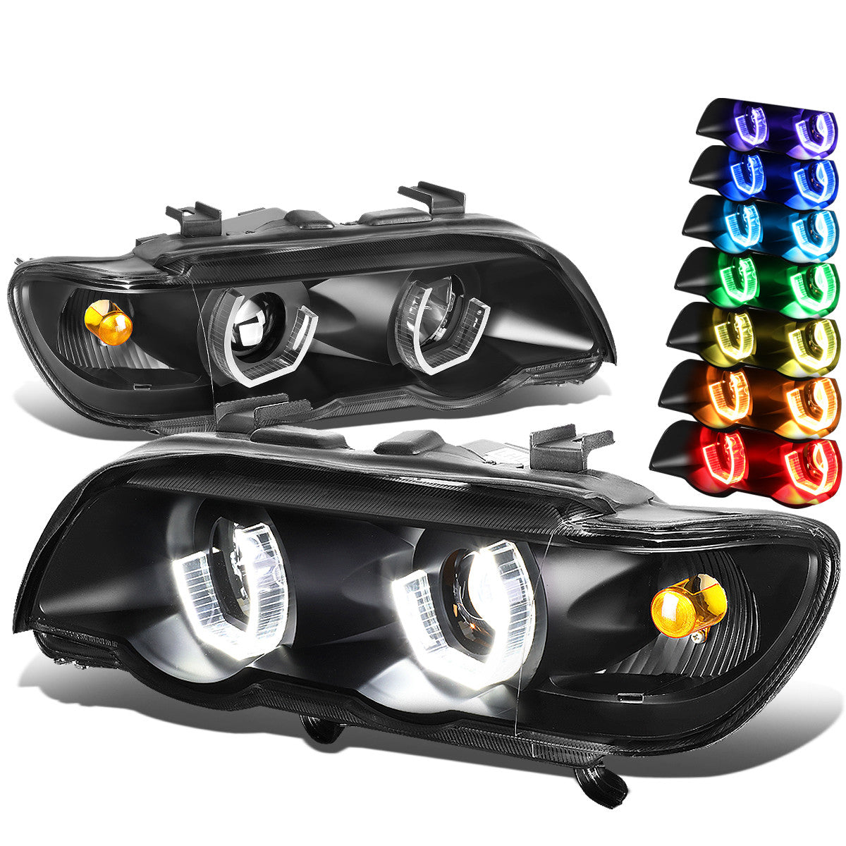 DNA Motoring, 00-03 BMW X5 Pre-Facelift Models 7-Colors LED U-Halo Projector Headlights - Black Housing