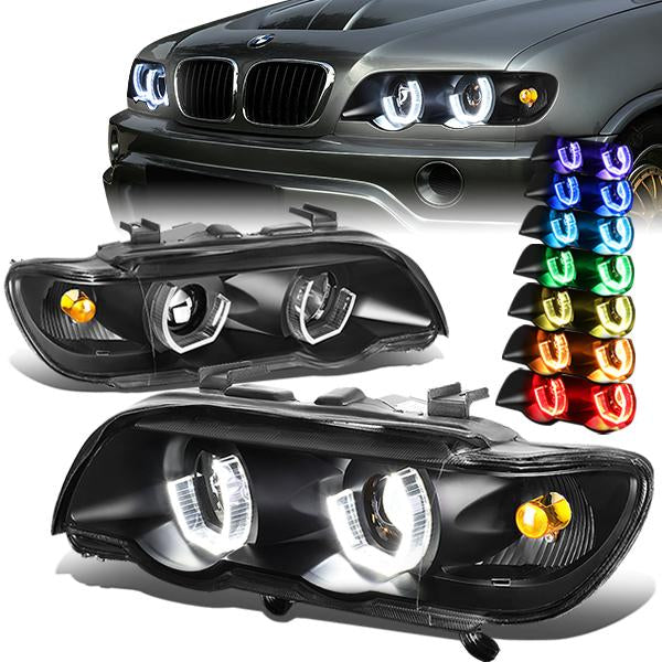 DNA Motoring, 00-03 BMW X5 Pre-Facelift Models 7-Colors LED U-Halo Projector Headlights - Black Housing