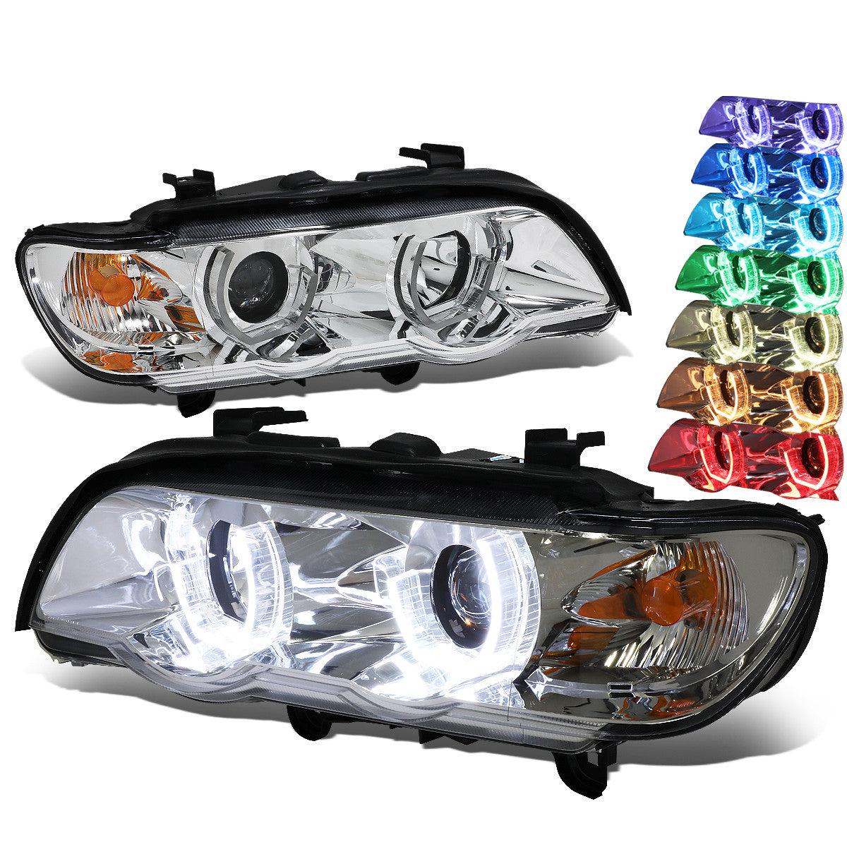 DNA Motoring, 00-03 BMW X5 Pre-Facelift Models 7-Colors LED U-Halo Projector Headlights - Chrome Housing