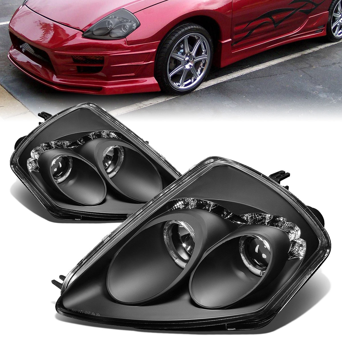 DNA Motoring, 00-05 Mitsubishi Eclipse LED Halo Ring Projector Headlights - Black Housing