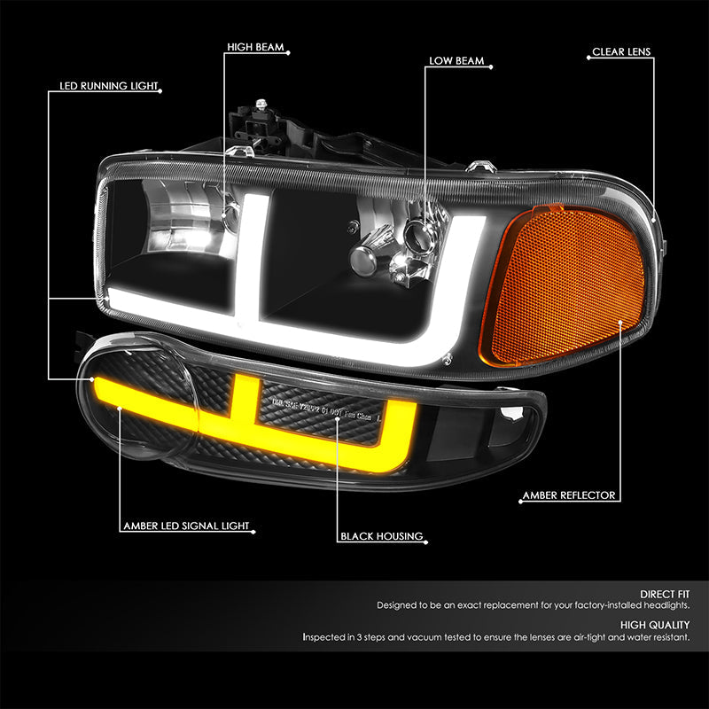 DNA Motoring, 01-06 GMC Yukon Sierra 1500 Denali Switchback LED DRL+Signal Headlights - Black Housing Amber Corner