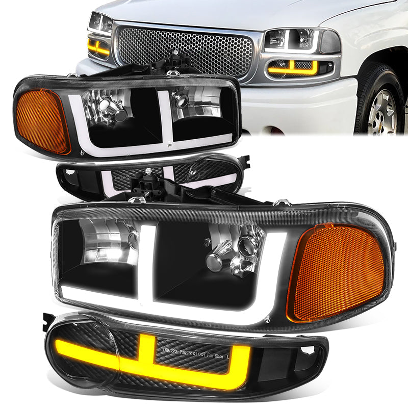 DNA Motoring, 01-06 GMC Yukon Sierra 1500 Denali Switchback LED DRL+Signal Headlights - Black Housing Amber Corner