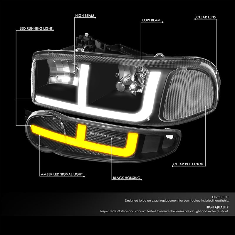 DNA Motoring, 01-06 GMC Yukon Sierra 1500 Denali Switchback LED DRL+Signal Headlights - Black Housing Clear Corner