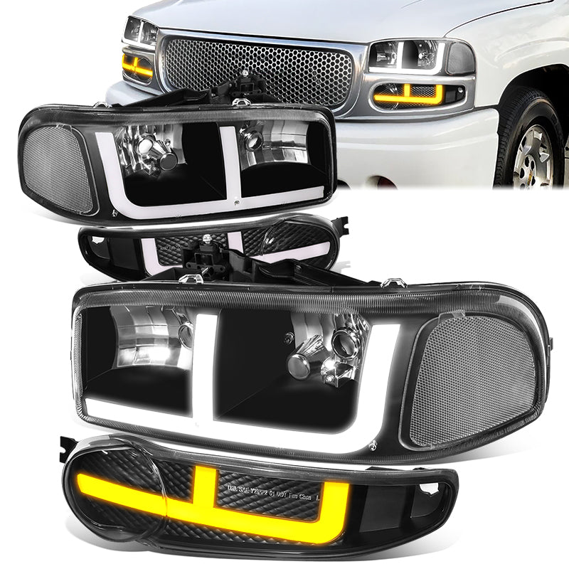 DNA Motoring, 01-06 GMC Yukon Sierra 1500 Denali Switchback LED DRL+Signal Headlights - Black Housing Clear Corner