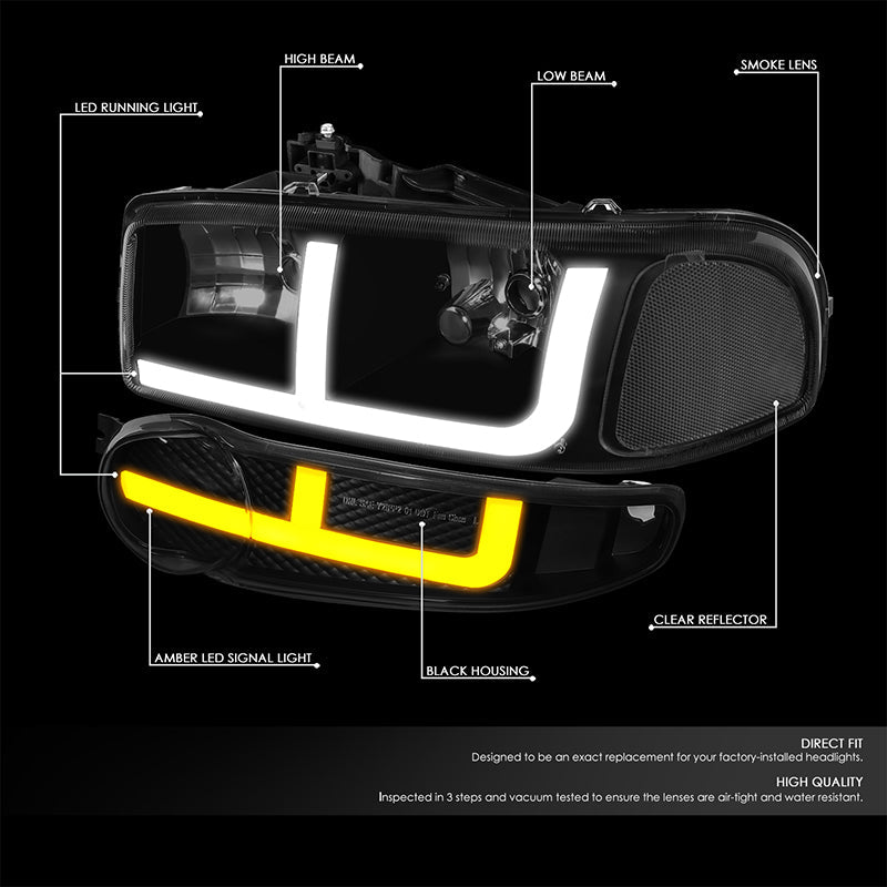 DNA Motoring, 01-06 GMC Yukon Sierra 1500 Denali Switchback LED DRL+Signal Headlights - Black Housing Smoked Lens