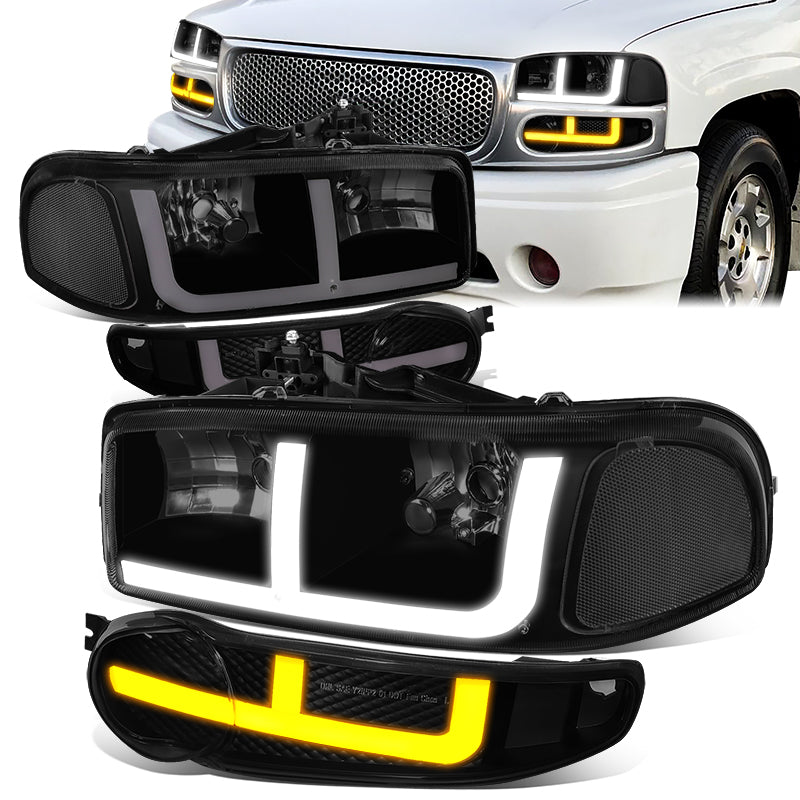 DNA Motoring, 01-06 GMC Yukon Sierra 1500 Denali Switchback LED DRL+Signal Headlights - Black Housing Smoked Lens