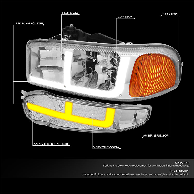 DNA Motoring, 01-06 GMC Yukon Sierra 1500 Denali Switchback LED DRL+Signal Headlights - Chrome Housing Amber Corner