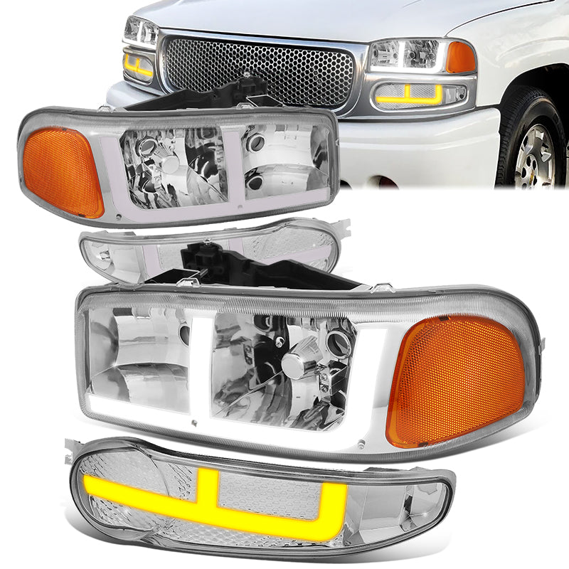 DNA Motoring, 01-06 GMC Yukon Sierra 1500 Denali Switchback LED DRL+Signal Headlights - Chrome Housing Amber Corner