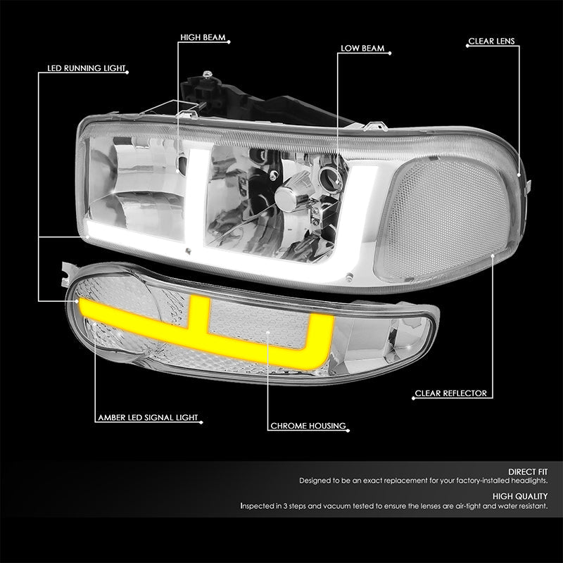 DNA Motoring, 01-06 GMC Yukon Sierra 1500 Denali Switchback LED DRL+Signal Headlights - Chrome Housing Clear Corner