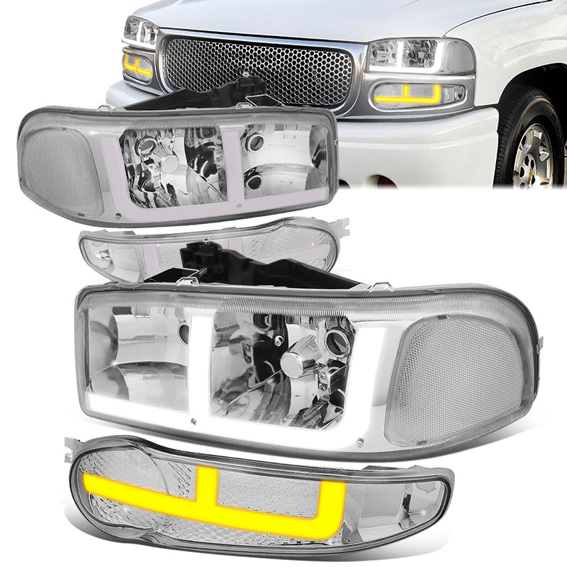 DNA Motoring, 01-06 GMC Yukon Sierra 1500 Denali Switchback LED DRL+Signal Headlights - Chrome Housing Clear Corner