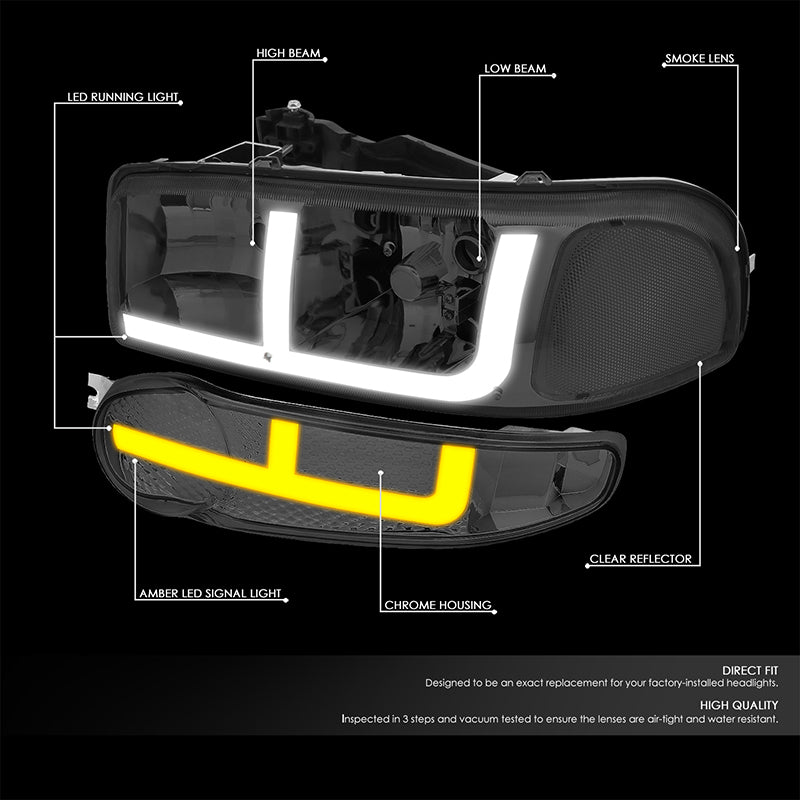 DNA Motoring, 01-06 GMC Yukon Sierra 1500 Denali Switchback LED DRL+Signal Headlights - Smoked Housing Clear Corner