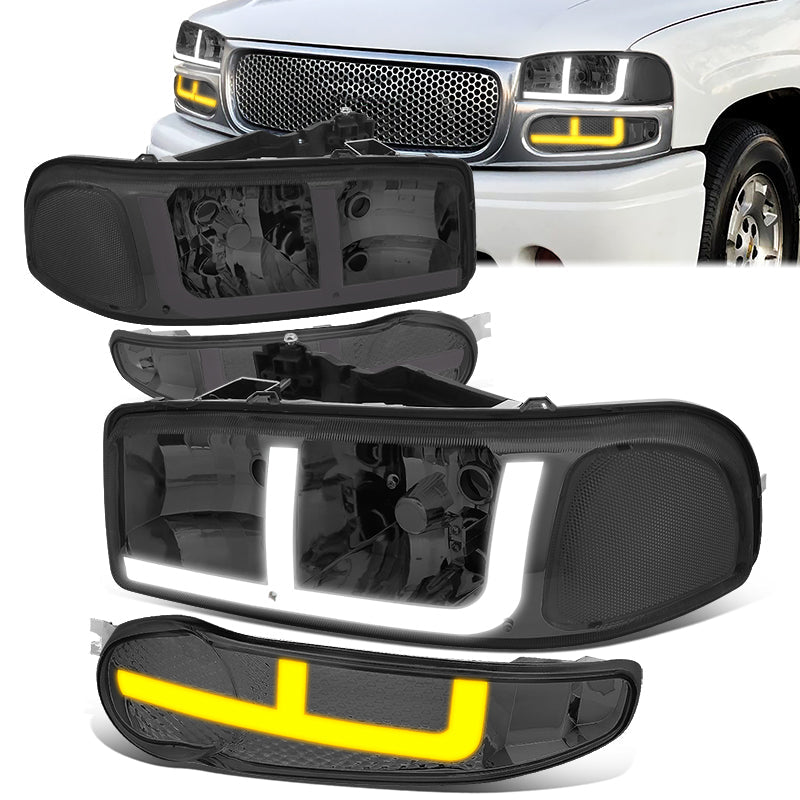 DNA Motoring, 01-06 GMC Yukon Sierra 1500 Denali Switchback LED DRL+Signal Headlights - Smoked Housing Clear Corner