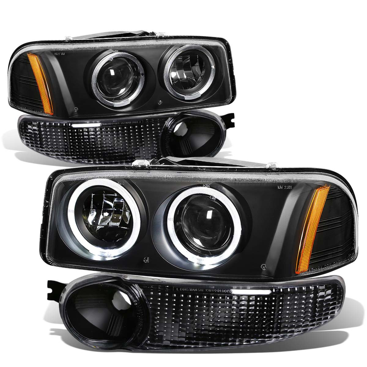 DNA Motoring, 01-07 GMC Sierra 1500 Yukon XL Denali LED Halo-Ring Projector Headlights+Bumper Lamps - Black