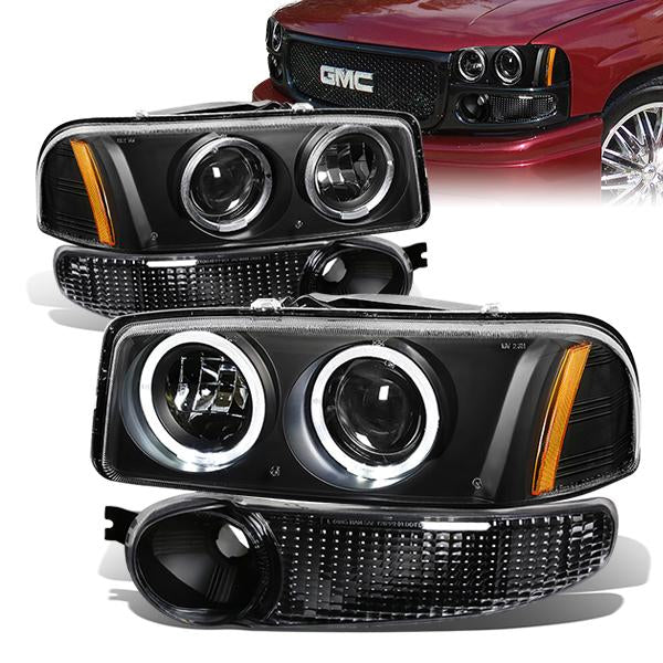 DNA Motoring, 01-07 GMC Sierra 1500 Yukon XL Denali LED Halo-Ring Projector Headlights+Bumper Lamps - Black