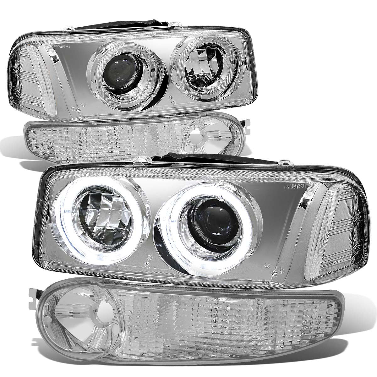 DNA Motoring, 01-07 GMC Sierra 1500 Yukon XL Denali LED Halo-Ring Projector Headlights+Bumper Lamps - Chrome