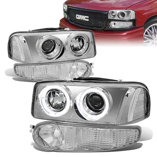 DNA Motoring, 01-07 GMC Sierra 1500 Yukon XL Denali LED Halo-Ring Projector Headlights+Bumper Lamps - Chrome