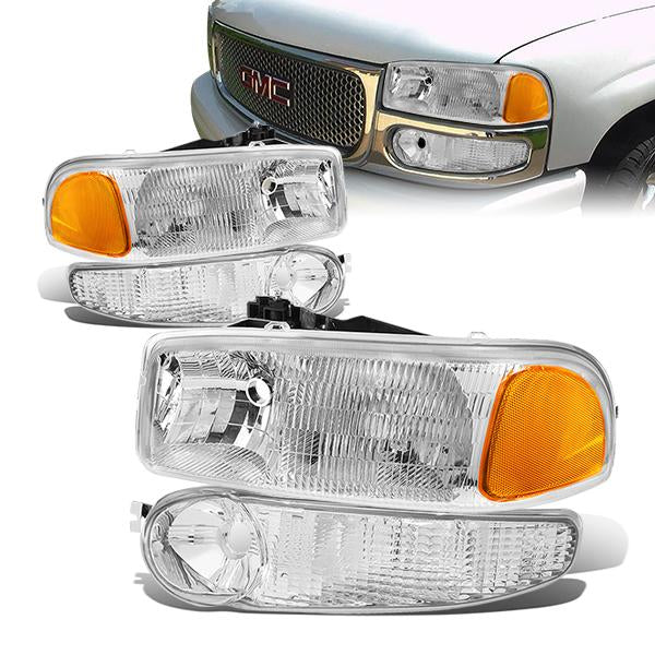 DNA Motoring, 01-07 GMC Sierra C3 Yukon XL 1500 Denali Headlights+Bumper Lamp - Chrome Housing Amber Corner