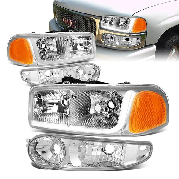 DNA Motoring, 01-07 GMC Sierra C3 Yukon XL 1500 Denali LED DRL Headlights - Chrome Housing Amber Corner