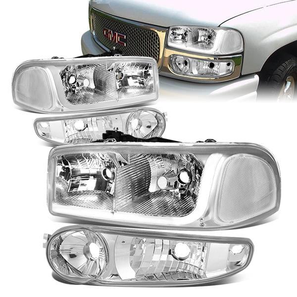 DNA Motoring, 01-07 GMC Sierra C3 Yukon XL 1500 Denali LED DRL Headlights - Chrome Housing Clear Corner