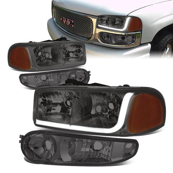 DNA Motoring, 01-07 GMC Sierra C3 Yukon XL 1500 Denali LED DRL Headlights - Smoked Housing Amber Corner