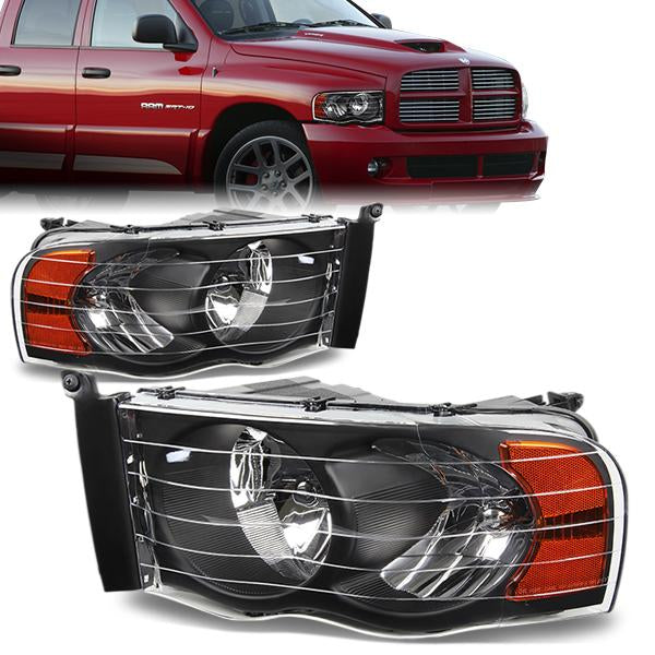 DNA Motoring, 02-05 Dodge Ram 1500 2500 3500 Headlights - Black Housing Amber Corner