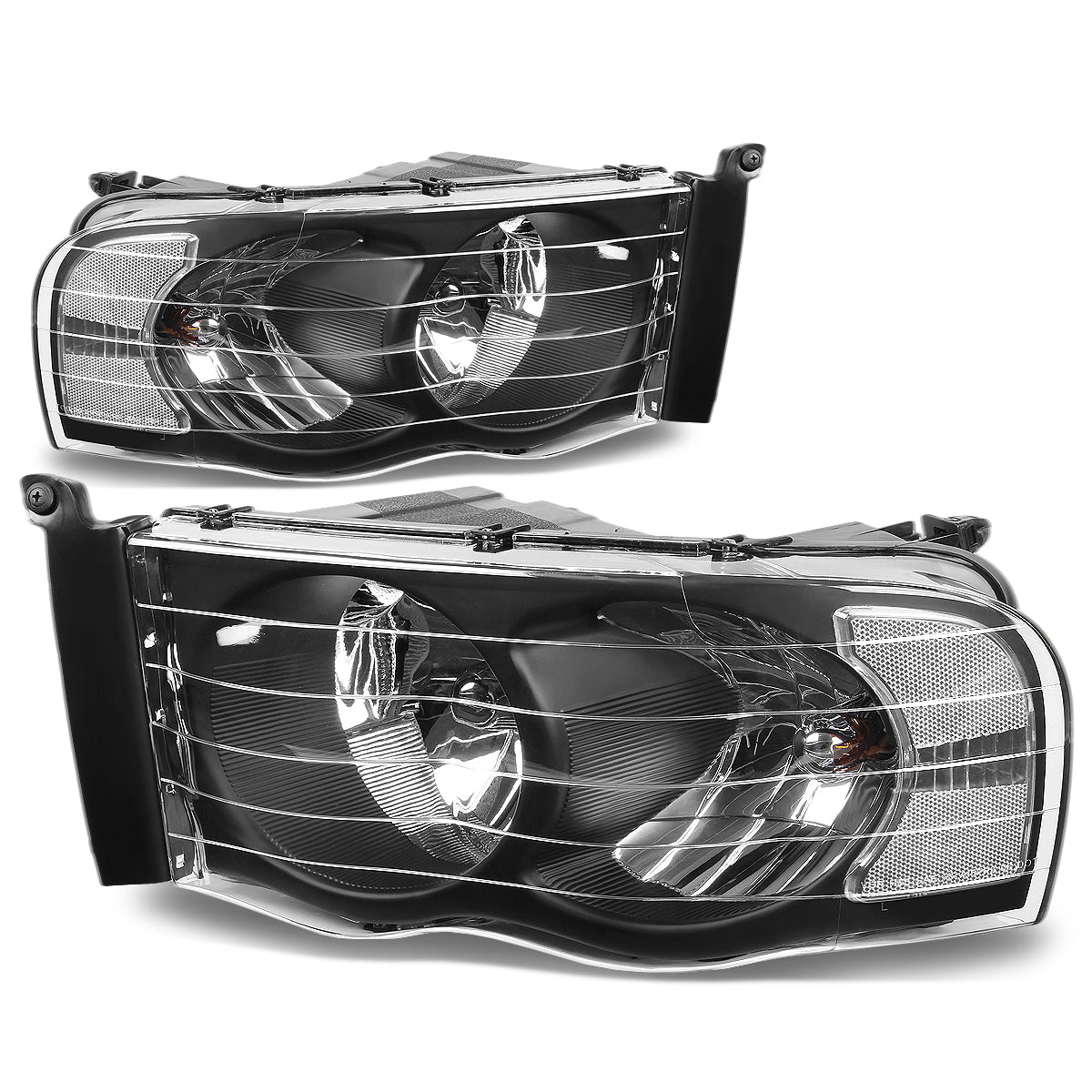 DNA Motoring, 02-05 Dodge Ram 1500 2500 3500 Headlights - Black Housing Clear Corner