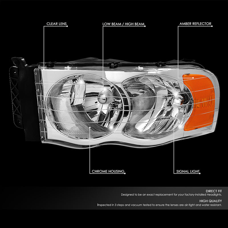 DNA Motoring, 02-05 Dodge Ram 1500 2500 3500 Headlights - Chrome Housing Amber Corner