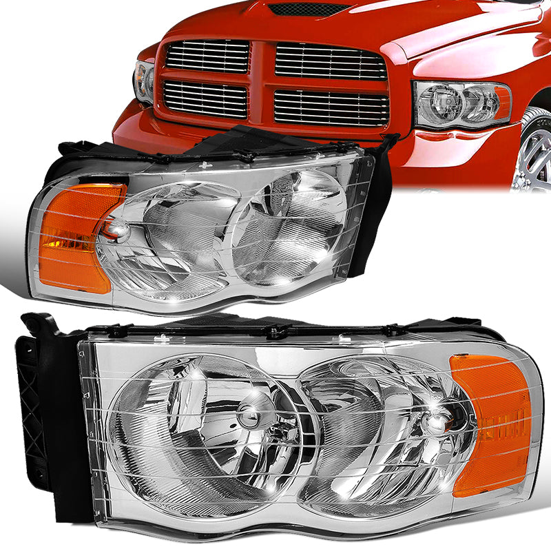 DNA Motoring, 02-05 Dodge Ram 1500 2500 3500 Headlights - Chrome Housing Amber Corner