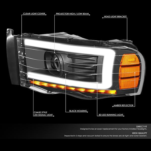 Nuvision Lighting, 02-05 Dodge Ram LED DRL+Sequential Turn Signal Projector Headlights - Black Housing Amber Corner