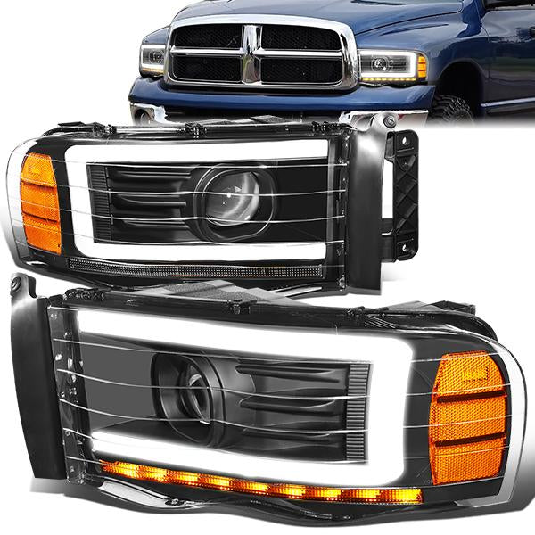 Nuvision Lighting, 02-05 Dodge Ram LED DRL+Sequential Turn Signal Projector Headlights - Black Housing Amber Corner