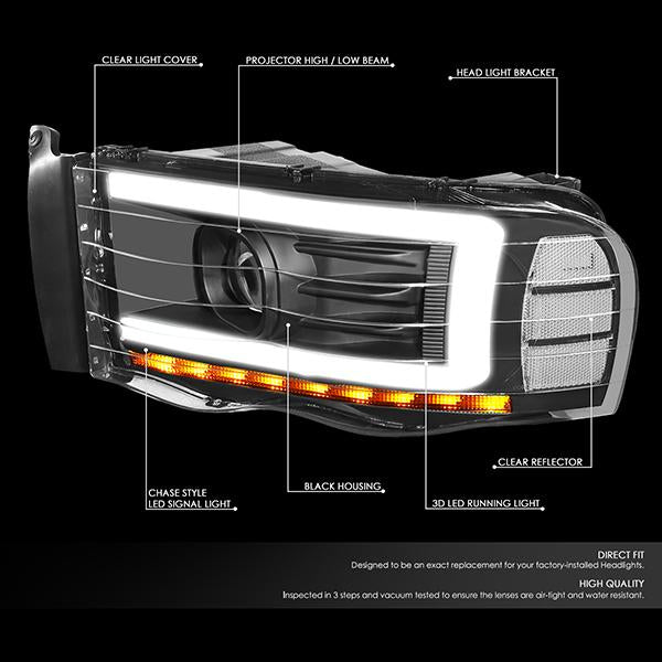 Nuvision Lighting, 02-05 Dodge Ram LED DRL+Sequential Turn Signal Projector Headlights - Black Housing Clear Corner