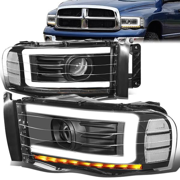 Nuvision Lighting, 02-05 Dodge Ram LED DRL+Sequential Turn Signal Projector Headlights - Black Housing Clear Corner