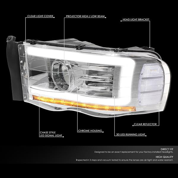 Nuvision Lighting, 02-05 Dodge Ram LED DRL+Sequential Turn Signal Projector Headlights - Chrome Housing Clear Corner