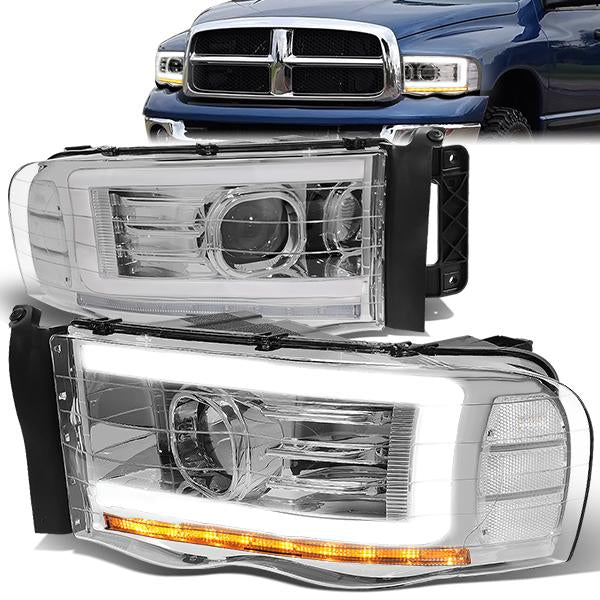 Nuvision Lighting, 02-05 Dodge Ram LED DRL+Sequential Turn Signal Projector Headlights - Chrome Housing Clear Corner