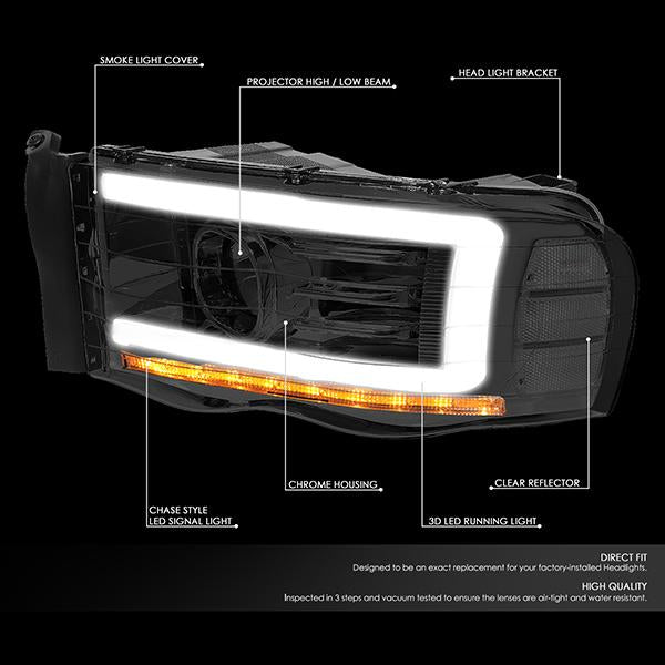 Nuvision Lighting, 02-05 Dodge Ram LED DRL+Sequential Turn Signal Projector Headlights - Smoked Housing Clear Corner