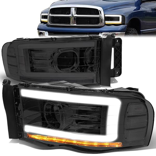 Nuvision Lighting, 02-05 Dodge Ram LED DRL+Sequential Turn Signal Projector Headlights - Smoked Housing Clear Corner