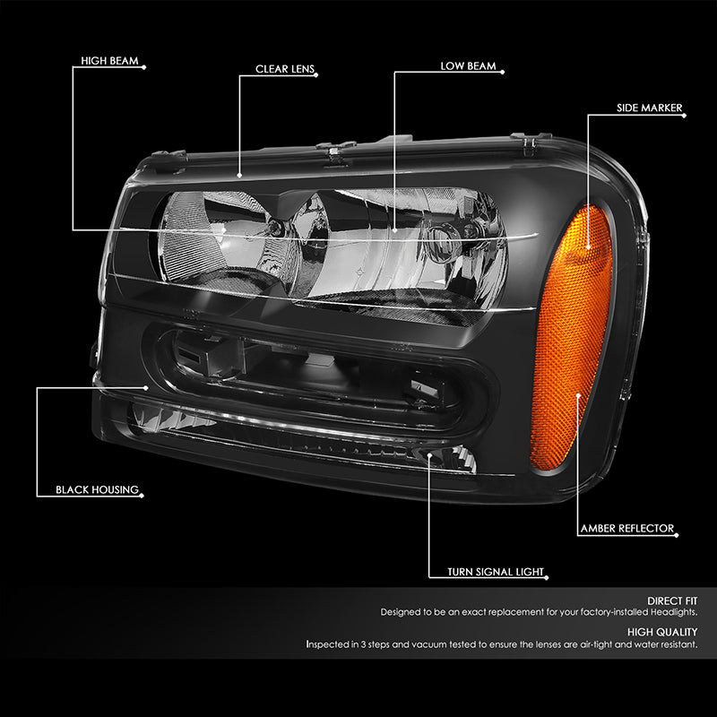 DNA Motoring, 02-09 Chevy Trailblazer EXT Headlights - Black Housing Amber Corner