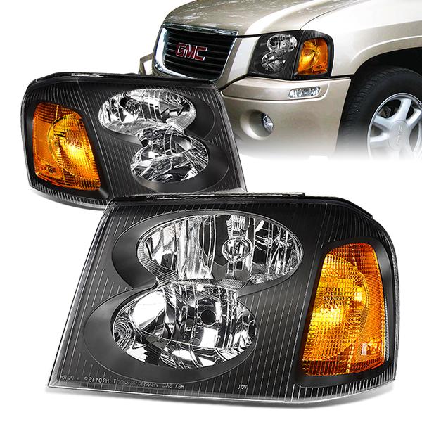 DNA Motoring, 02-09 GMC Envoy Headlights - Black Housing Amber Corner