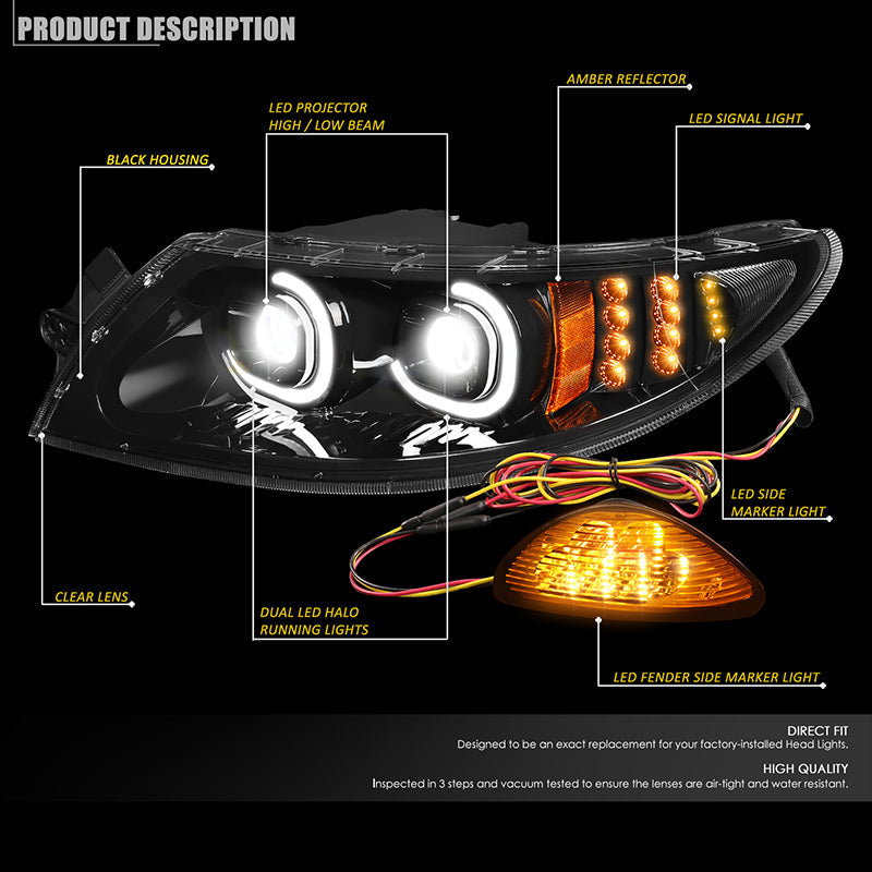 DNA Motoring, 02-16 International Trucks LED Projector Headlights (Black Housing)