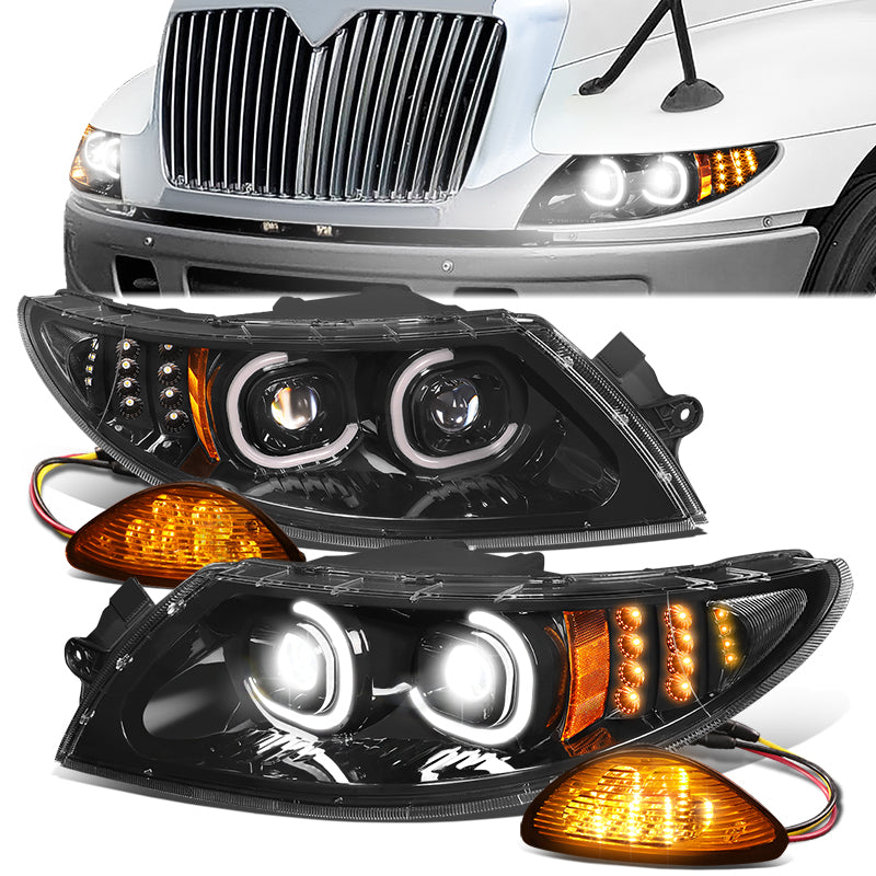 DNA Motoring, 02-16 International Trucks LED Projector Headlights (Black Housing)