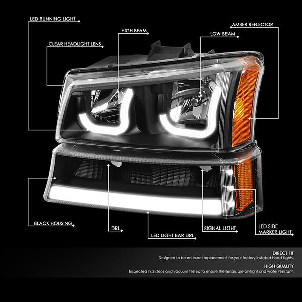 DNA Motoring, 03-06 Chevy Silverado Avalanche Double J-Shaped LED DRL Headlights+ Bumper Lamps (Black Amber)