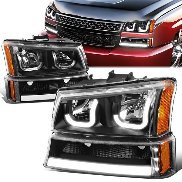 DNA Motoring, 03-06 Chevy Silverado Avalanche Double J-Shaped LED DRL Headlights+ Bumper Lamps (Black Amber)