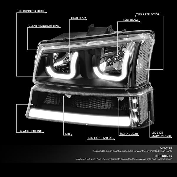 DNA Motoring, 03-06 Chevy Silverado Avalanche Double J-Shaped LED DRL Headlights+ Bumper Lamps (Black Housing)