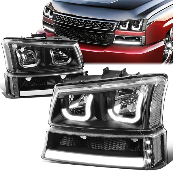 DNA Motoring, 03-06 Chevy Silverado Avalanche Double J-Shaped LED DRL Headlights+ Bumper Lamps (Black Housing)