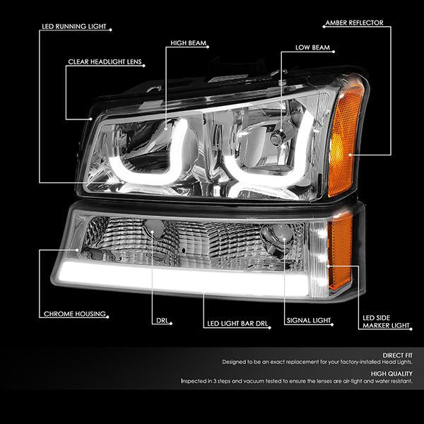 DNA Motoring, 03-06 Chevy Silverado Avalanche Double J-Shaped LED DRL Headlights+ Bumper Lamps (Chrome Amber)