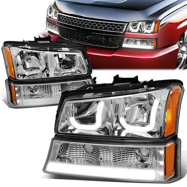 DNA Motoring, 03-06 Chevy Silverado Avalanche Double J-Shaped LED DRL Headlights+ Bumper Lamps (Chrome Amber)