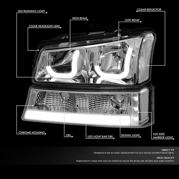 DNA Motoring, 03-06 Chevy Silverado Avalanche Double J-Shaped LED DRL Headlights+ Bumper Lamps (Chrome Housing)